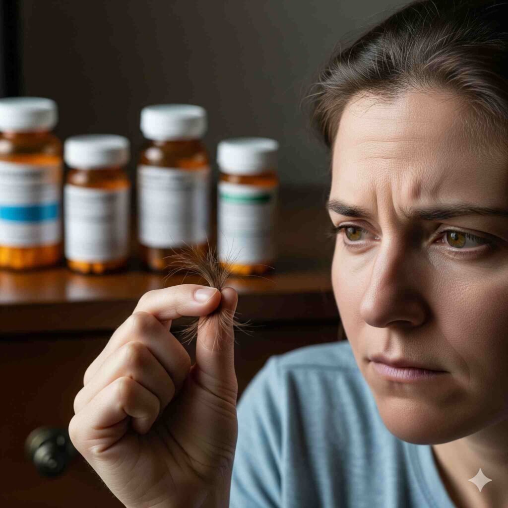 A woman looking thoughtfully at her hairbrush, illustrating the connection between hair loss and living with rheumatoid arthritis.